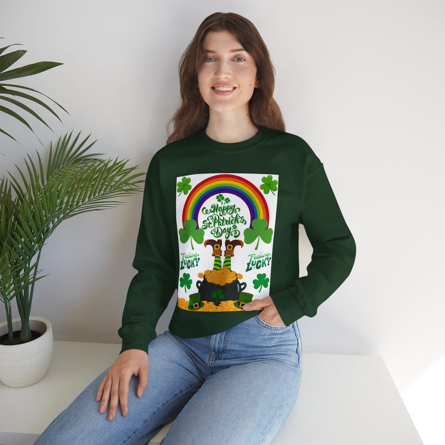 St Patrics Day Rainbow & Pot of Gold Crewneck Sweatshirt