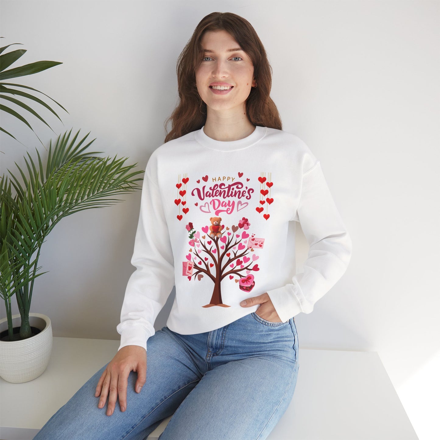 Valentine's Day Crewneck Sweatshirt — Happy Valentine's Day Tree Design