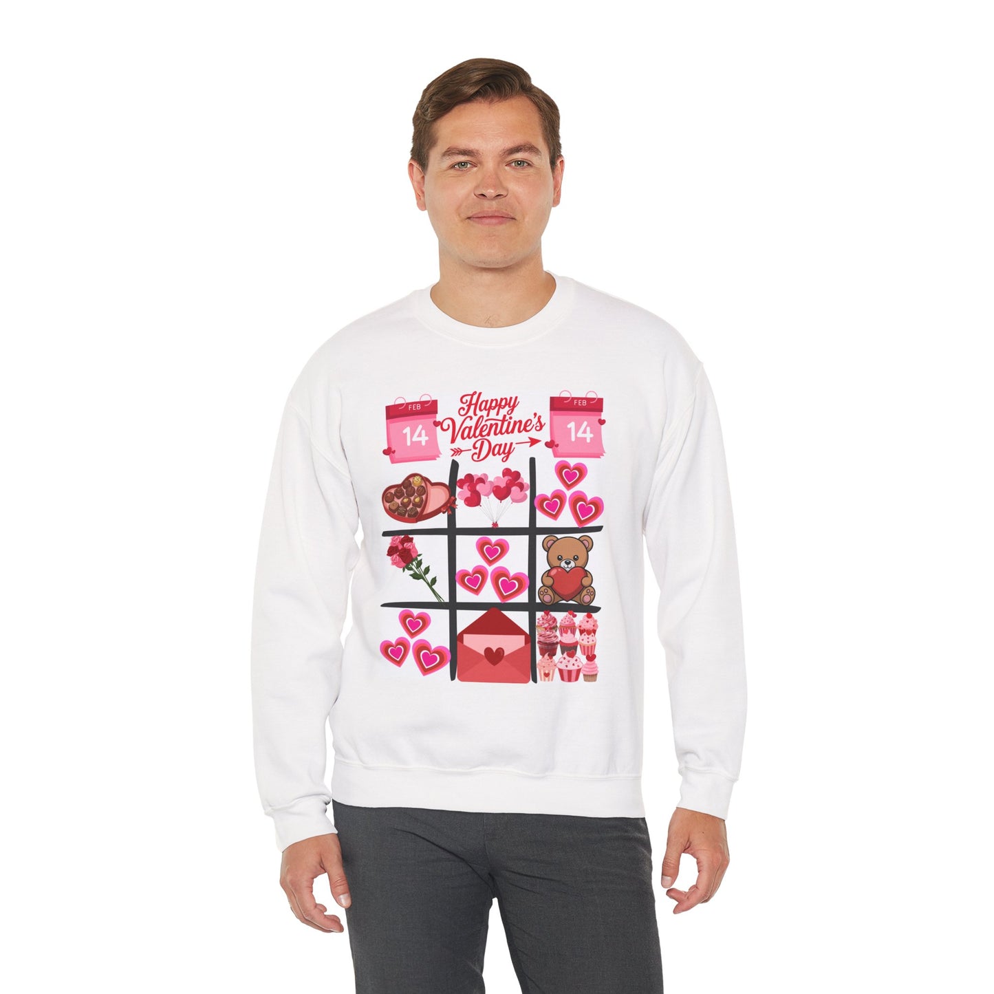 Valentine's Day Grid Crewneck Sweatshirt — Hearts, Teddy & Chocolates