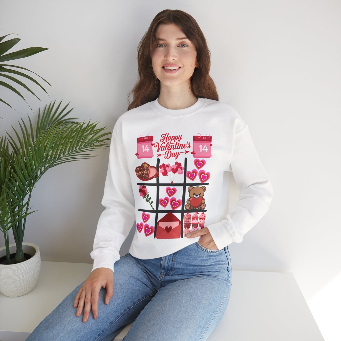 Valentine's Day Grid Crewneck Sweatshirt — Hearts, Teddy & Chocolates