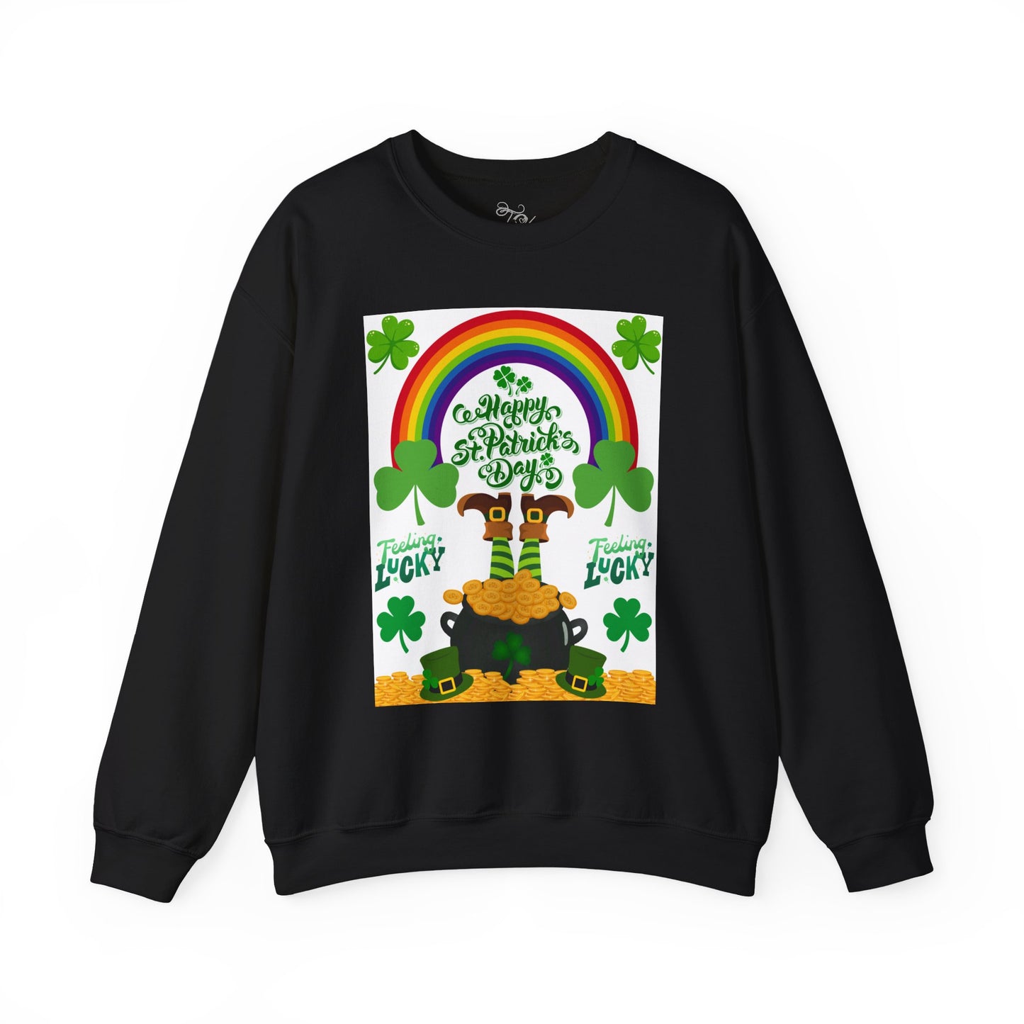 St. Patrick’s Day Rainbow & Pot of Gold Crewneck SSt Patrics Day Rainbow & Pot of Gold Crewneck Sweatshirtweatshirt featuring a vibrant rainbow and pot of gold design.