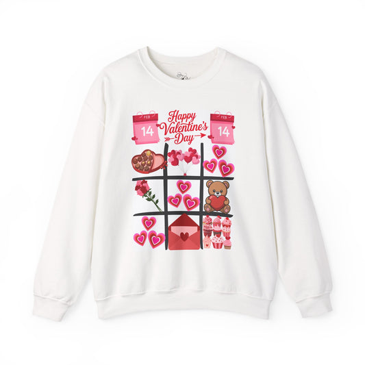 Valentine's Day Grid Crewneck Sweatshirt — Hearts, Teddy & Chocolates