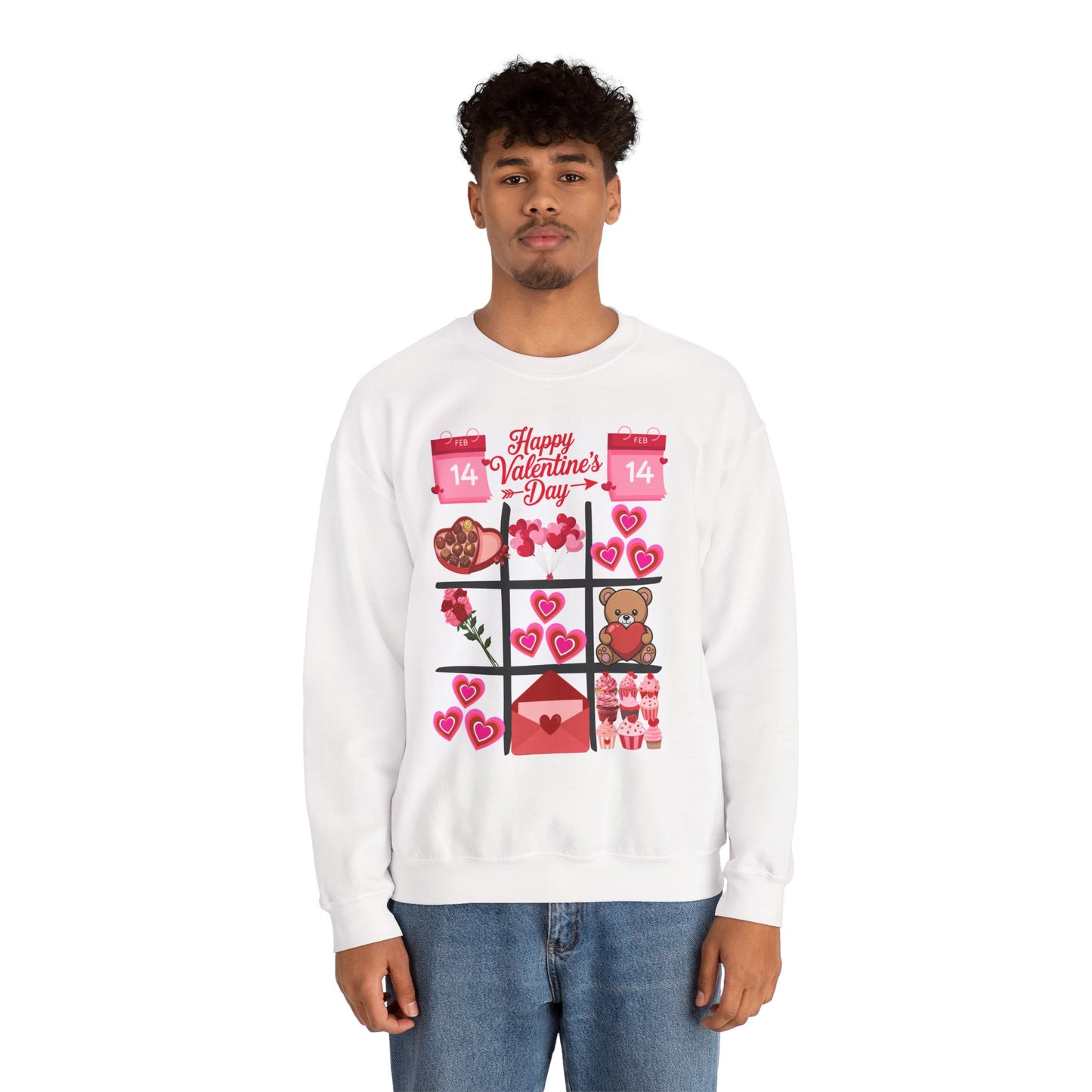 Valentine's Day Grid Crewneck Sweatshirt — Hearts, Teddy & Chocolates