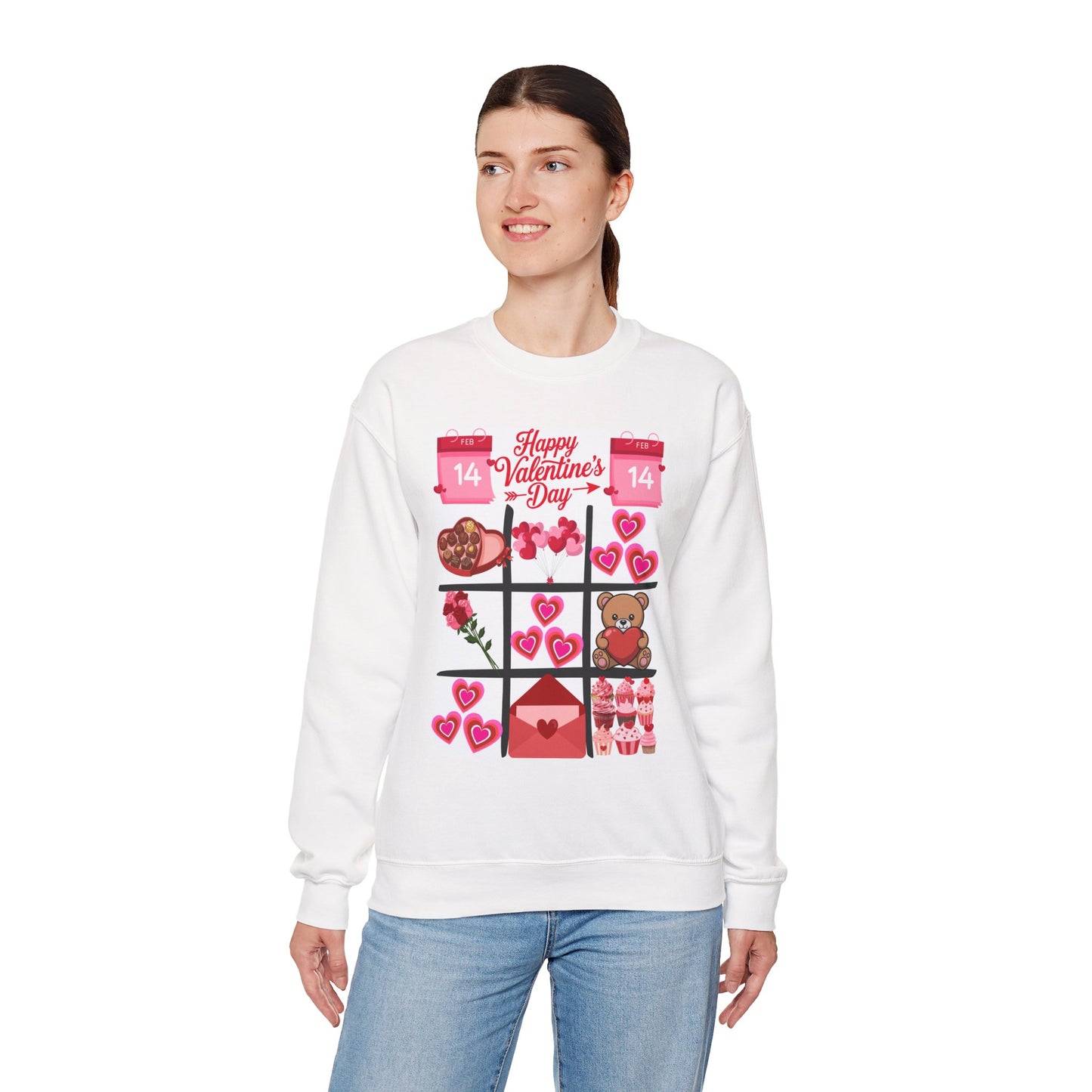Valentine's Day Grid Crewneck Sweatshirt — Hearts, Teddy & Chocolates