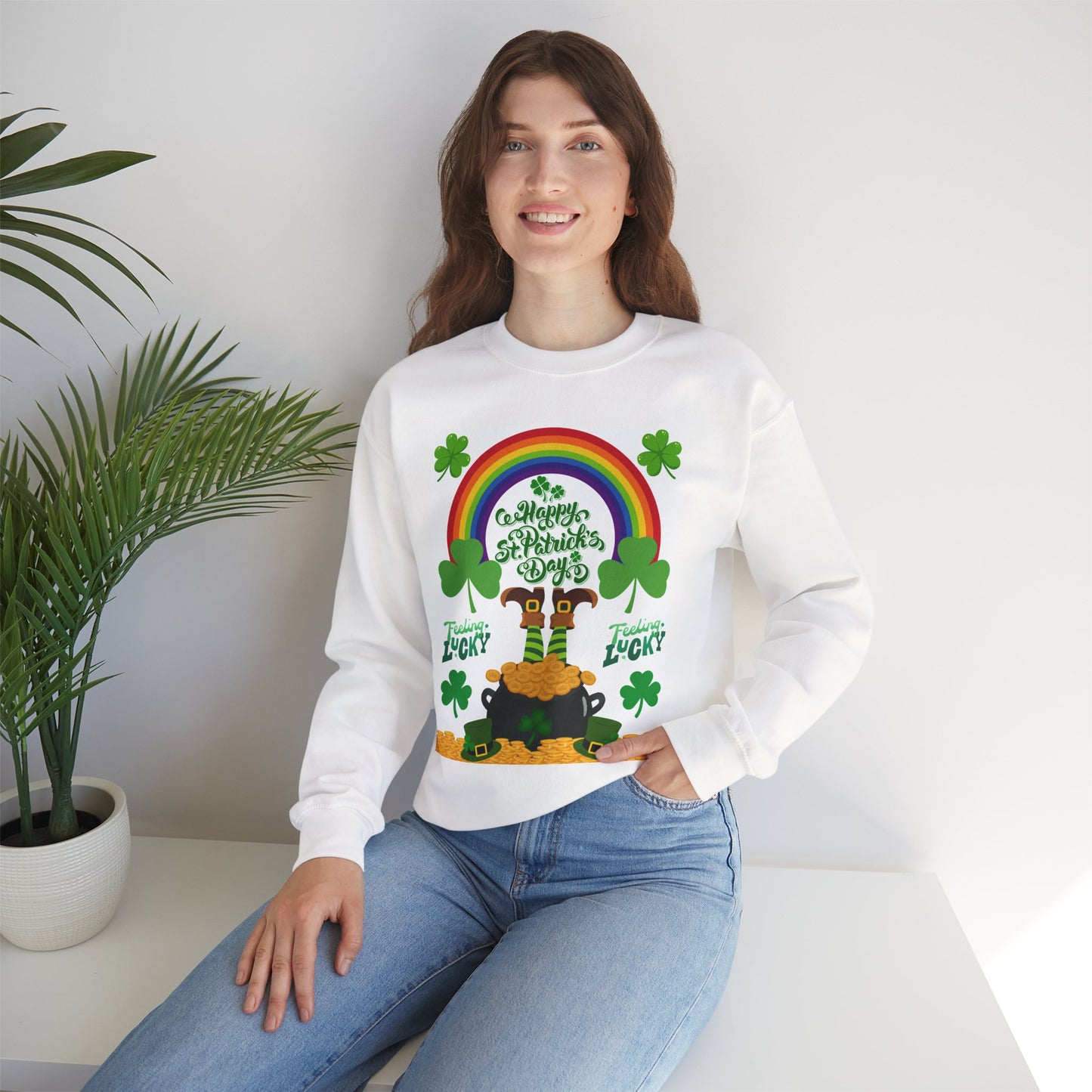 St Patrics Day Rainbow & Pot of Gold Crewneck Sweatshirt